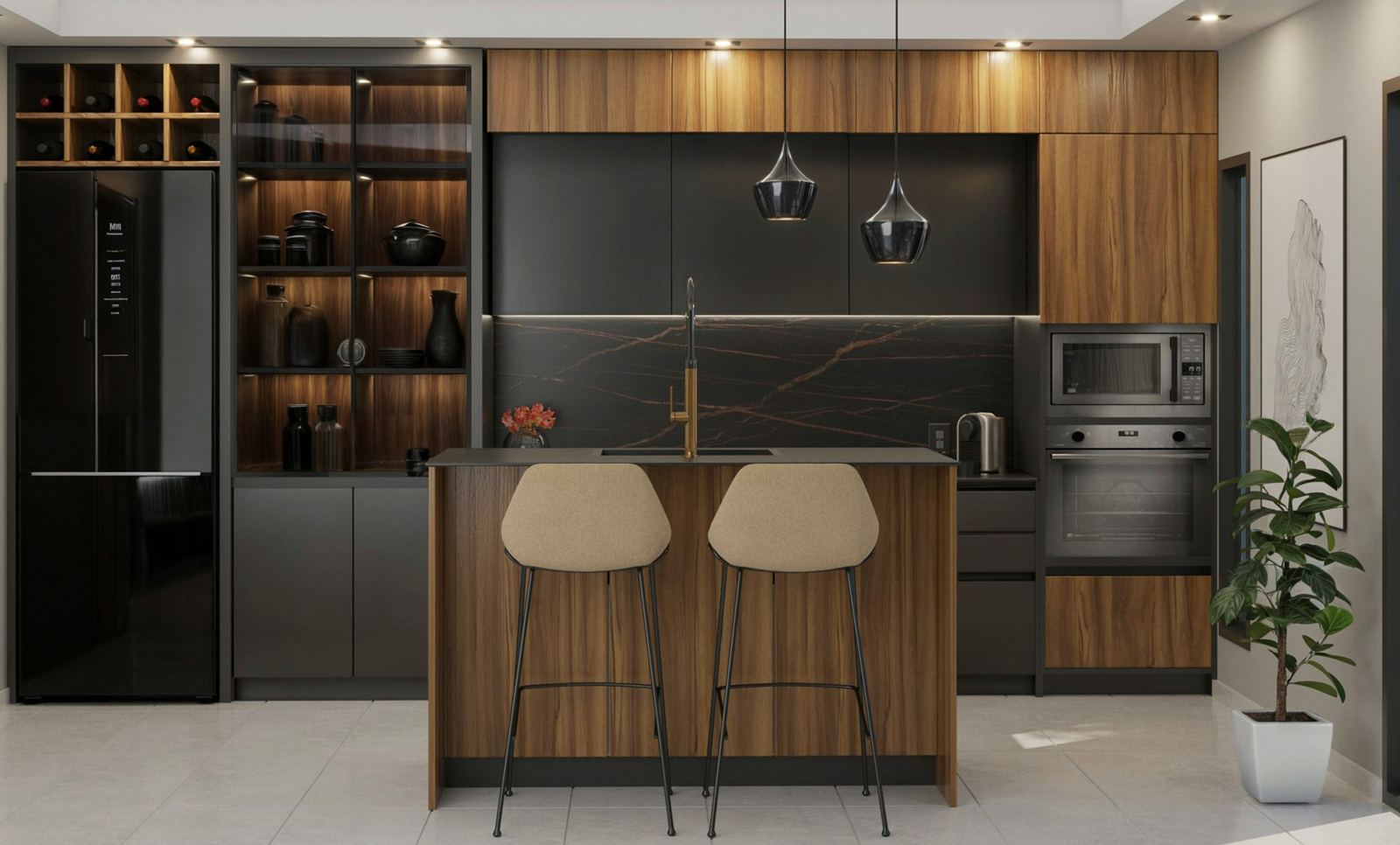 Modern kitchen remodel in Houston, TX with custom wood cabinetry, waterfall island, and matte black finishes
